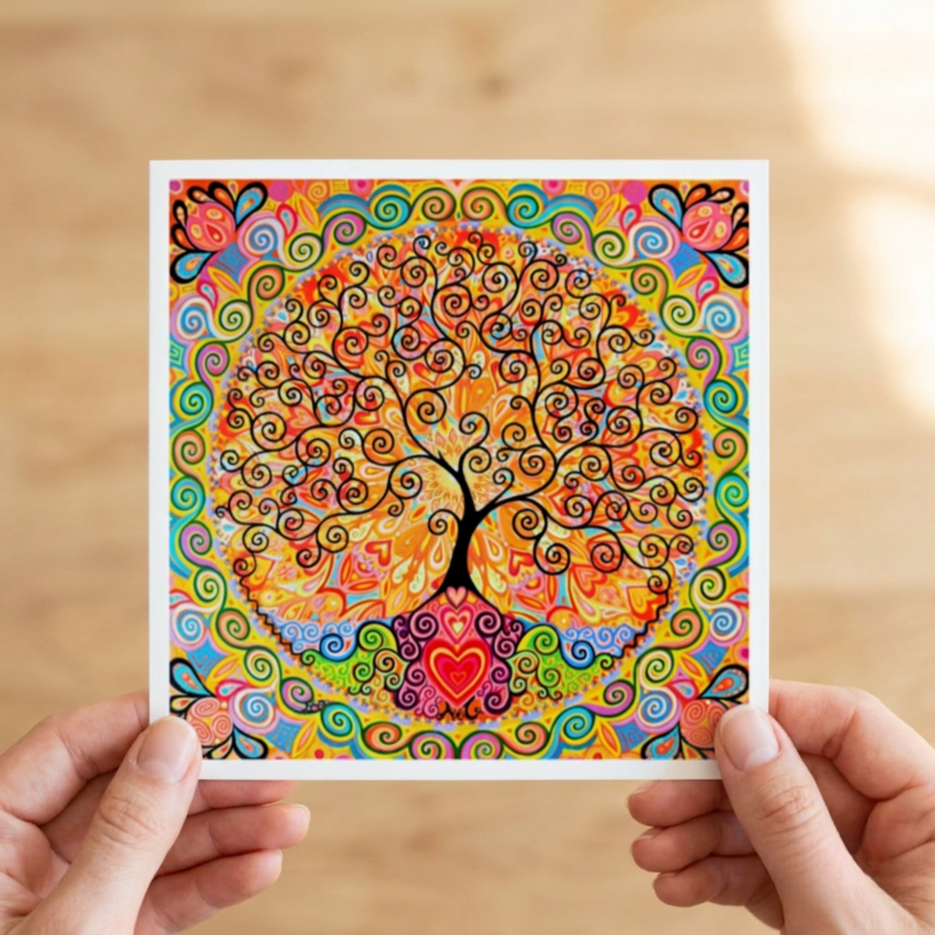 Colourful tree of life artwork held by hands on a wooden surface