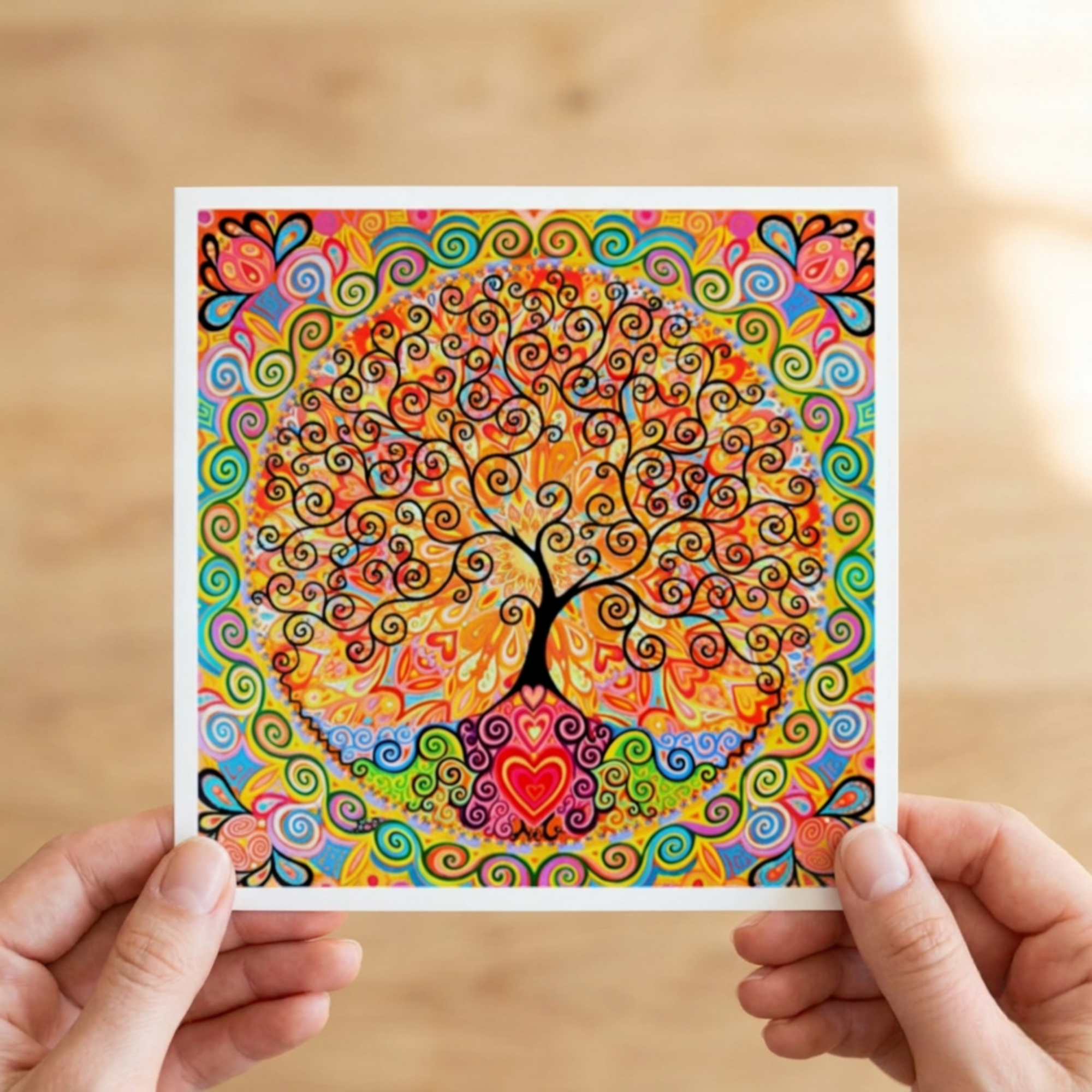 Colourful tree of life artwork held by hands on a wooden surface