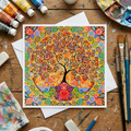 Colourful tree of life artwork on a wooden surface with art supplies.