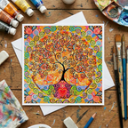 Colourful tree of life artwork on a wooden surface with art supplies.