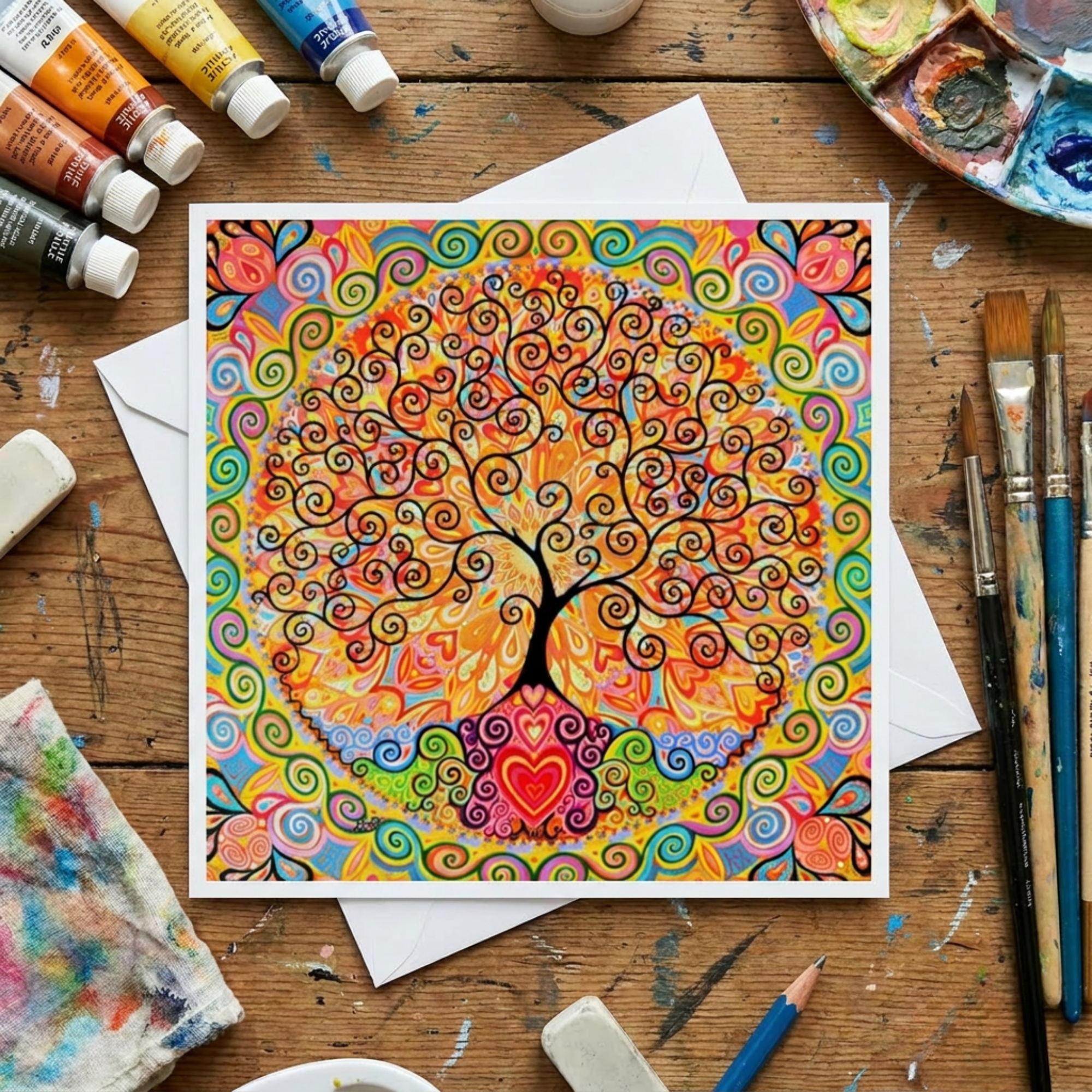 Colourful tree of life artwork on a wooden surface with art supplies.