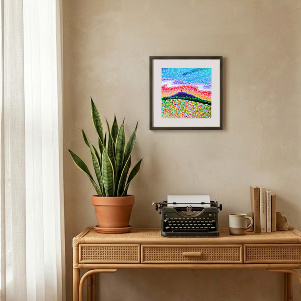 Wooden desk with a potted plant, typewriter, and framed artwork on a beige wall.