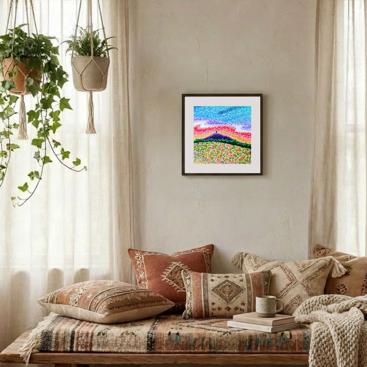 Cozy living room with patterned pillows, a colourful Glastonbury Tor painting, and plants.