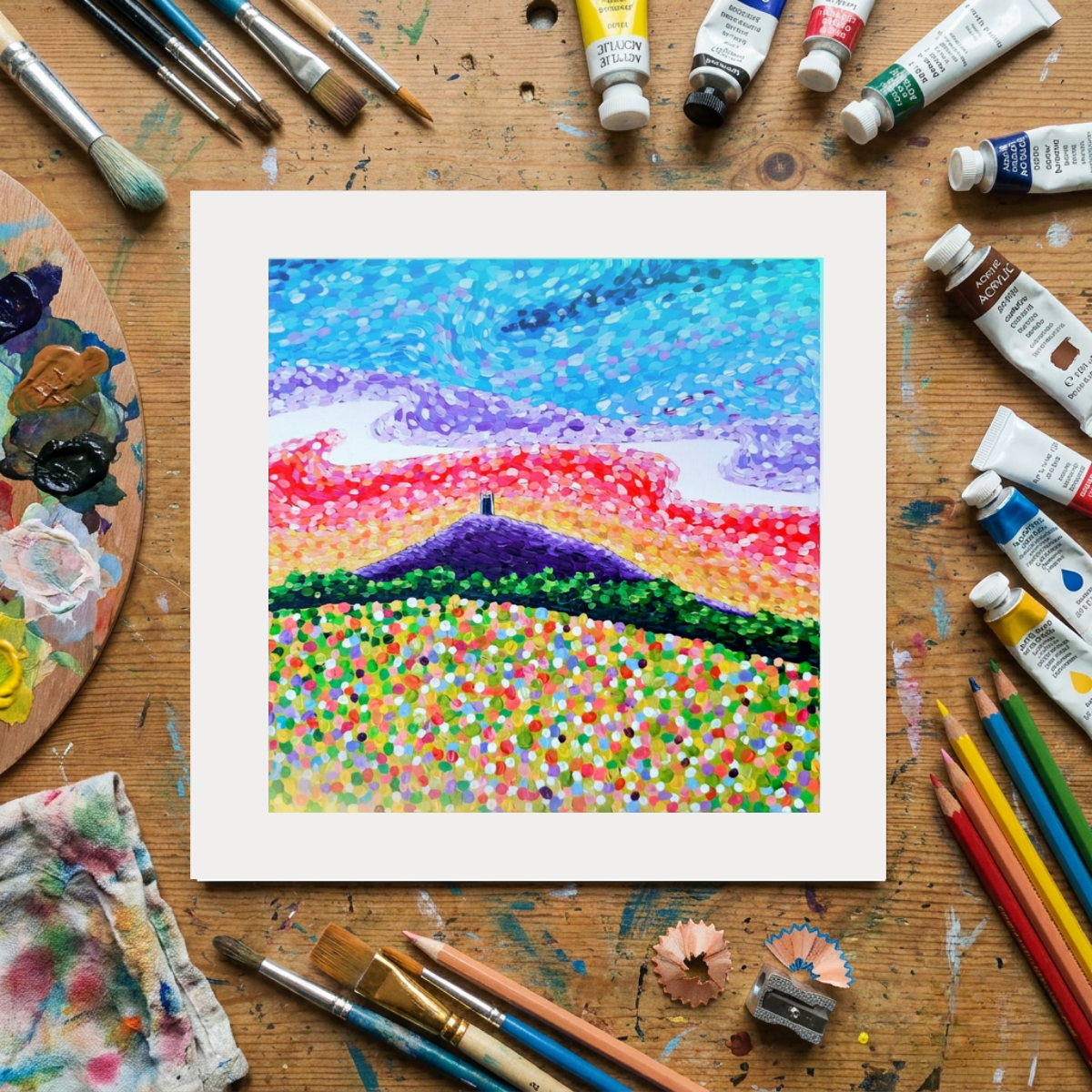 Colourful abstract painting on a wooden surface with art supplies