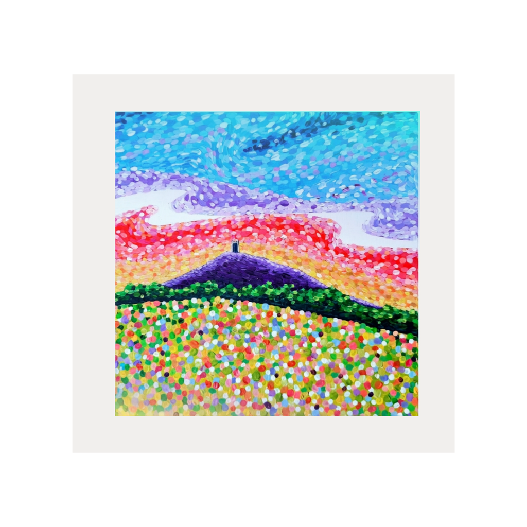 Colourful abstract landscape painting with a white frame