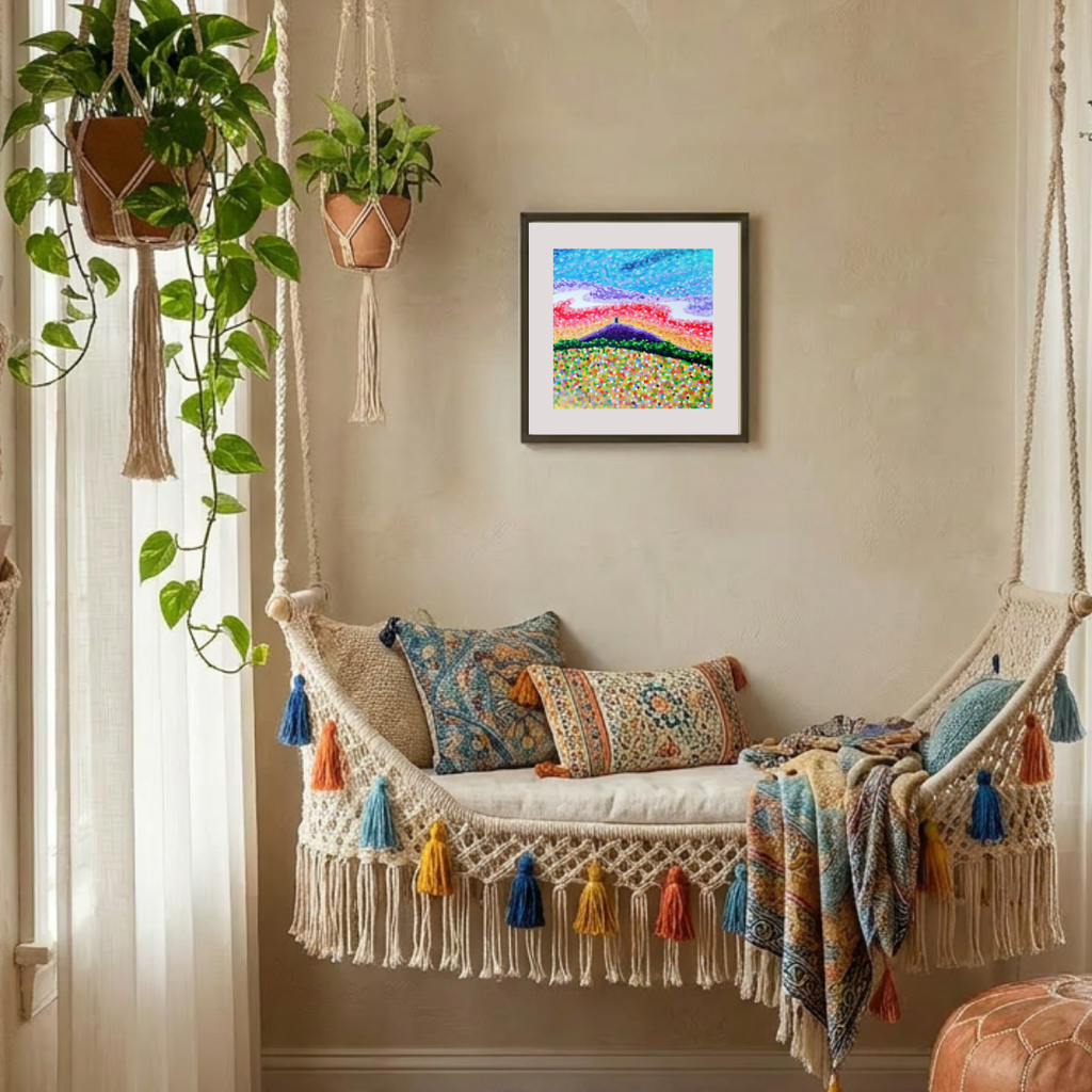 Decorative indoor swing with colourful pillows and a framed painting on the wall.