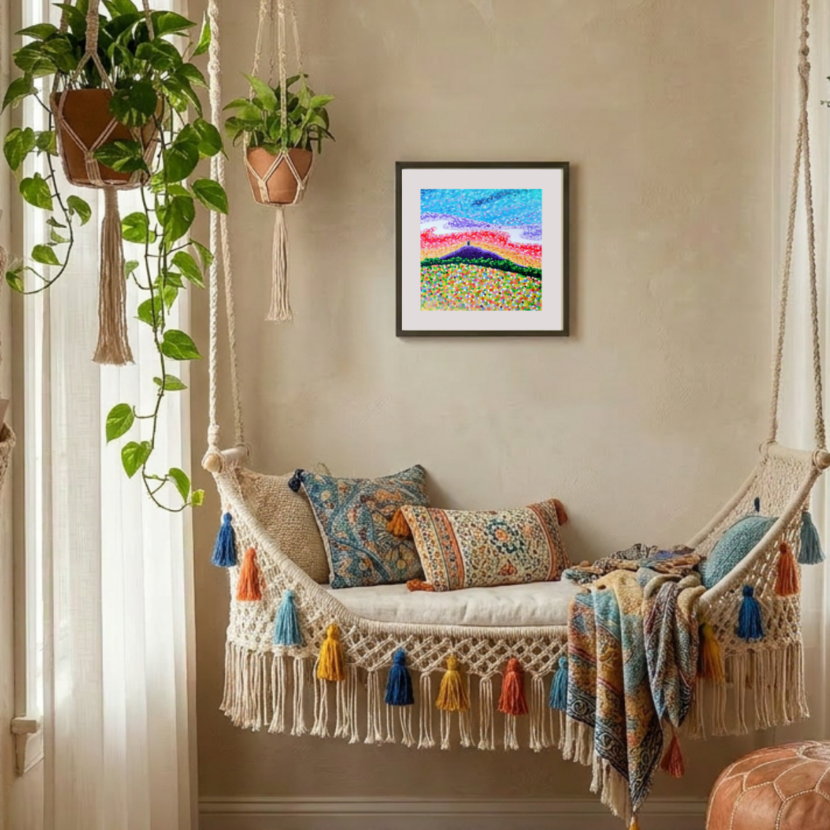 Decorative indoor swing with colourful pillows and a framed painting on the wall.