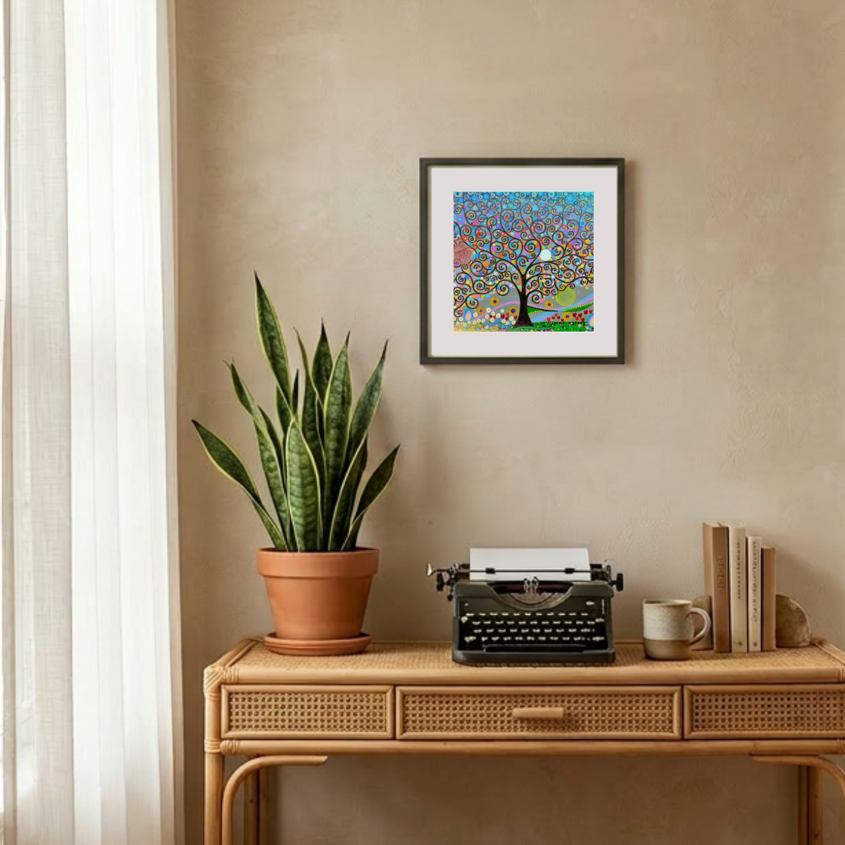 Decorative setup with a potted plant, typewriter, and framed Tree of Life artwork on a beige wall.