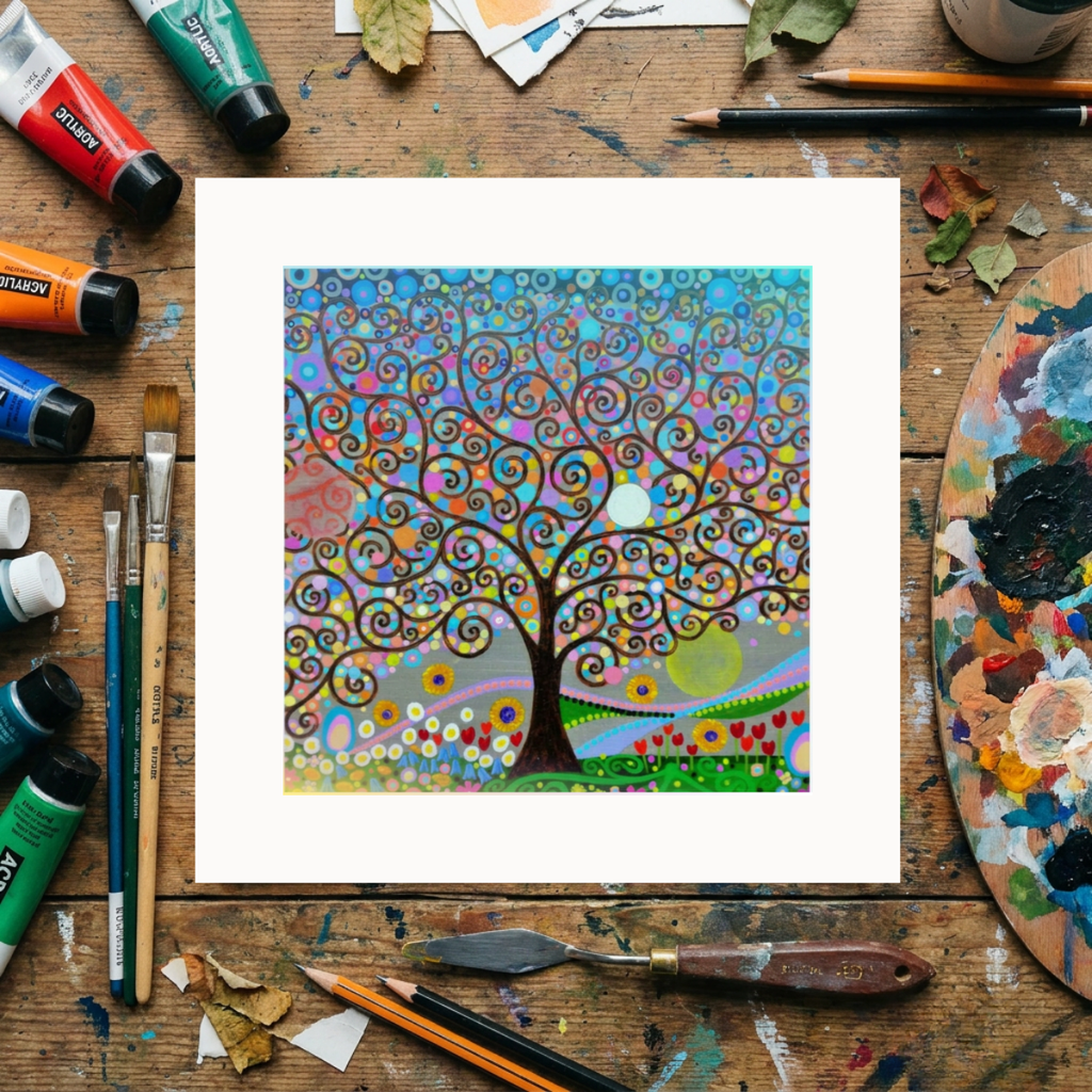 Colourful abstract tree painting on a wooden surface with art supplies.