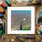 Colourful abstract tree painting on a wooden surface with art supplies.