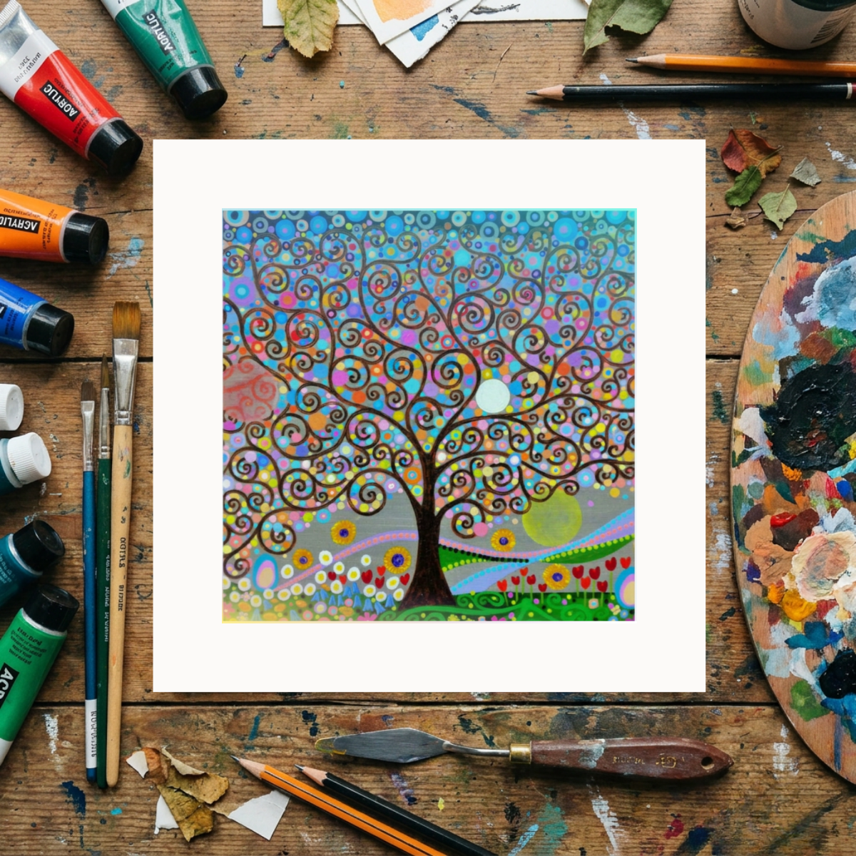 Colourful abstract tree painting on a wooden surface with art supplies.