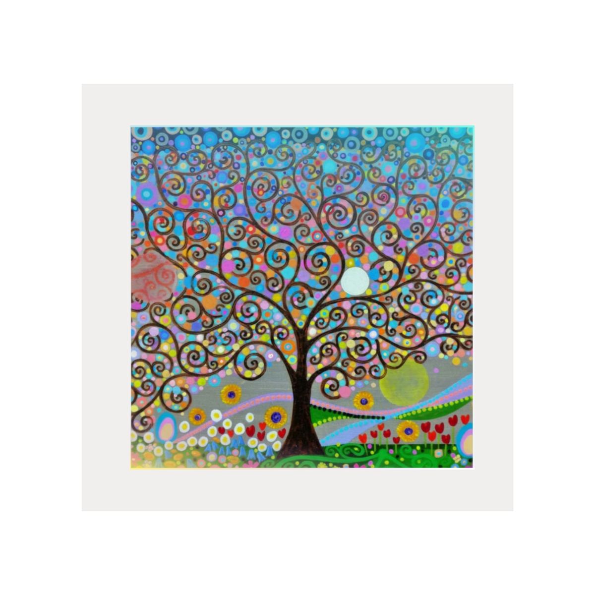 Colourful abstract tree painting with a white border