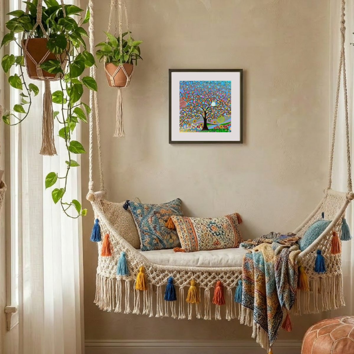 Decorative indoor swing with colourful pillows and a framed artwork on the wall.