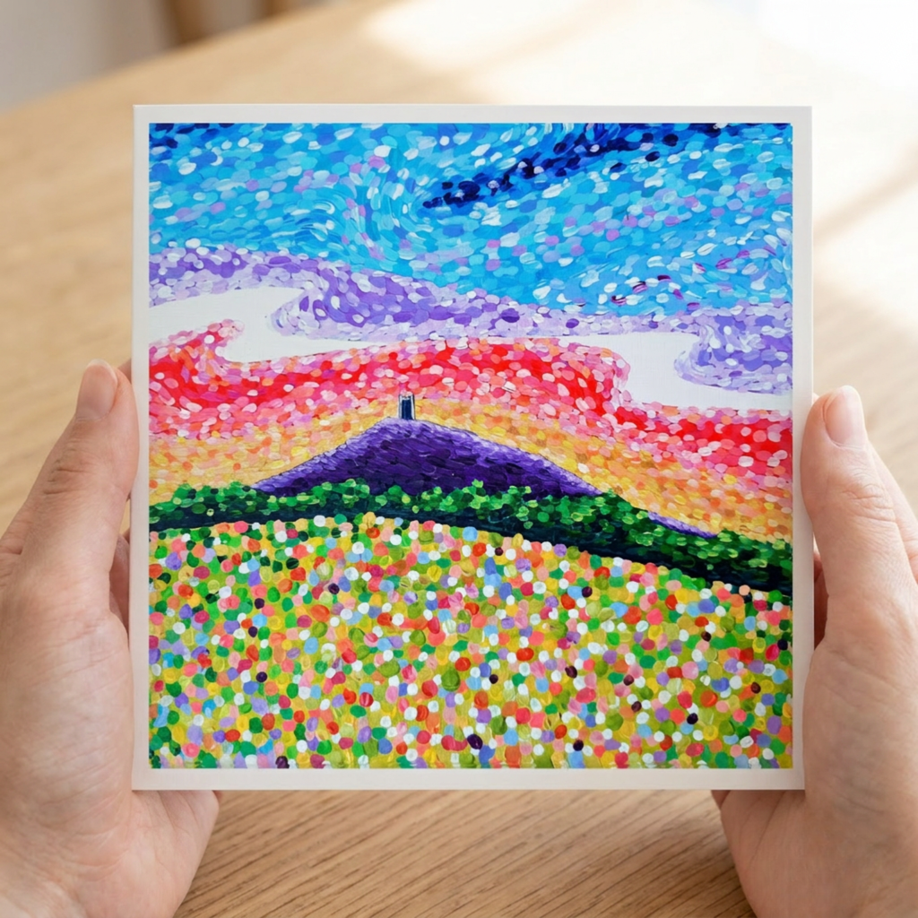 Hand holding a small abstract painting with colourful pointillism dots of Glastonbury Tor on a wooden surface