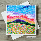 Colourful abstract painting of Glastonbury Tor on a wooden surface