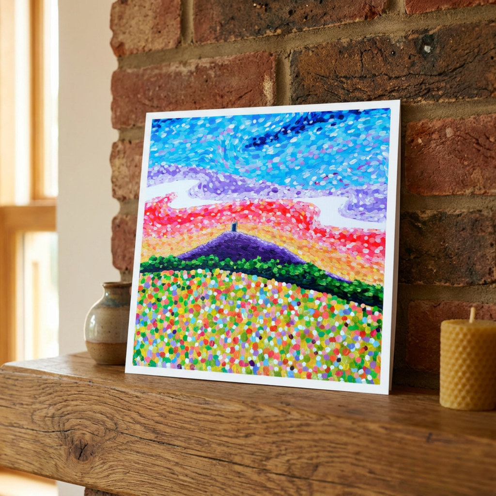 Colourful abstract painting of Glastonbury Tor on a wooden surface with a brick wall background