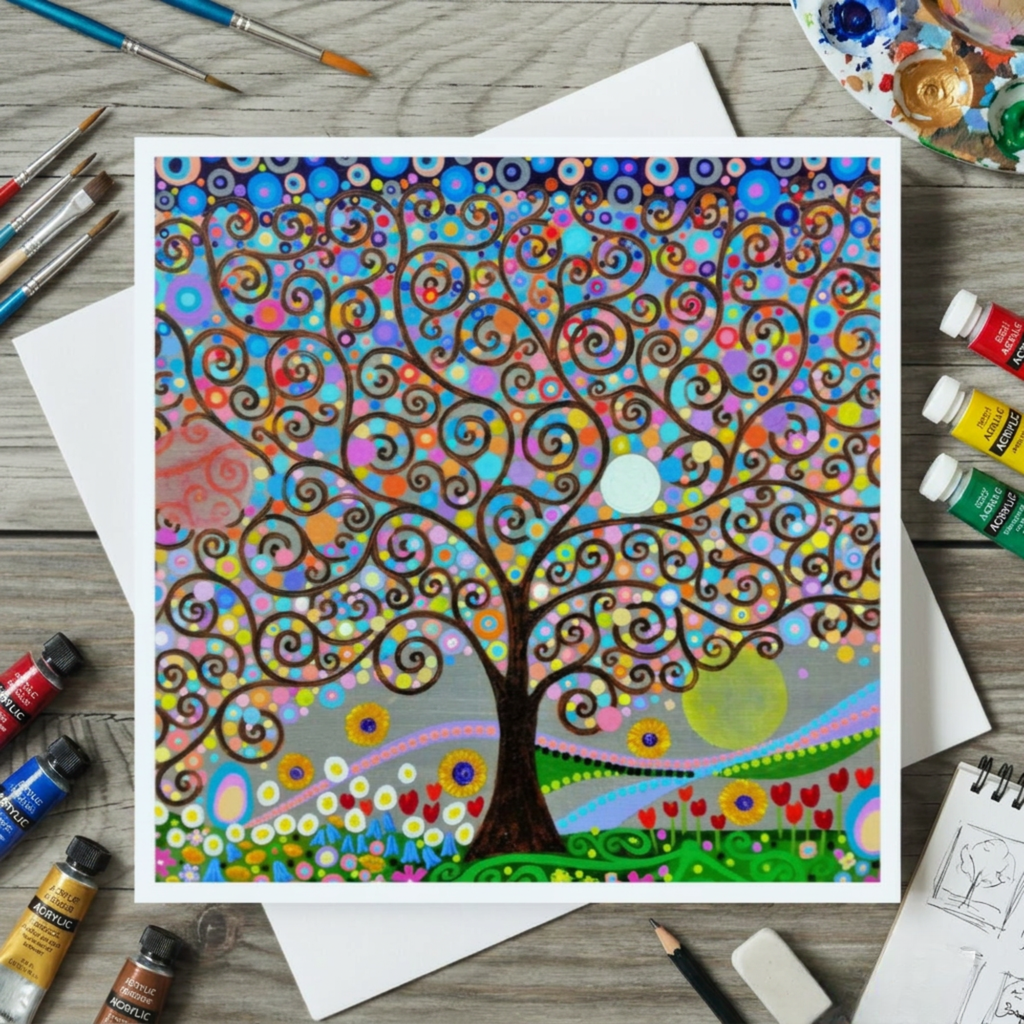 Colourful abstract tree painting on a wooden surface with art supplies.