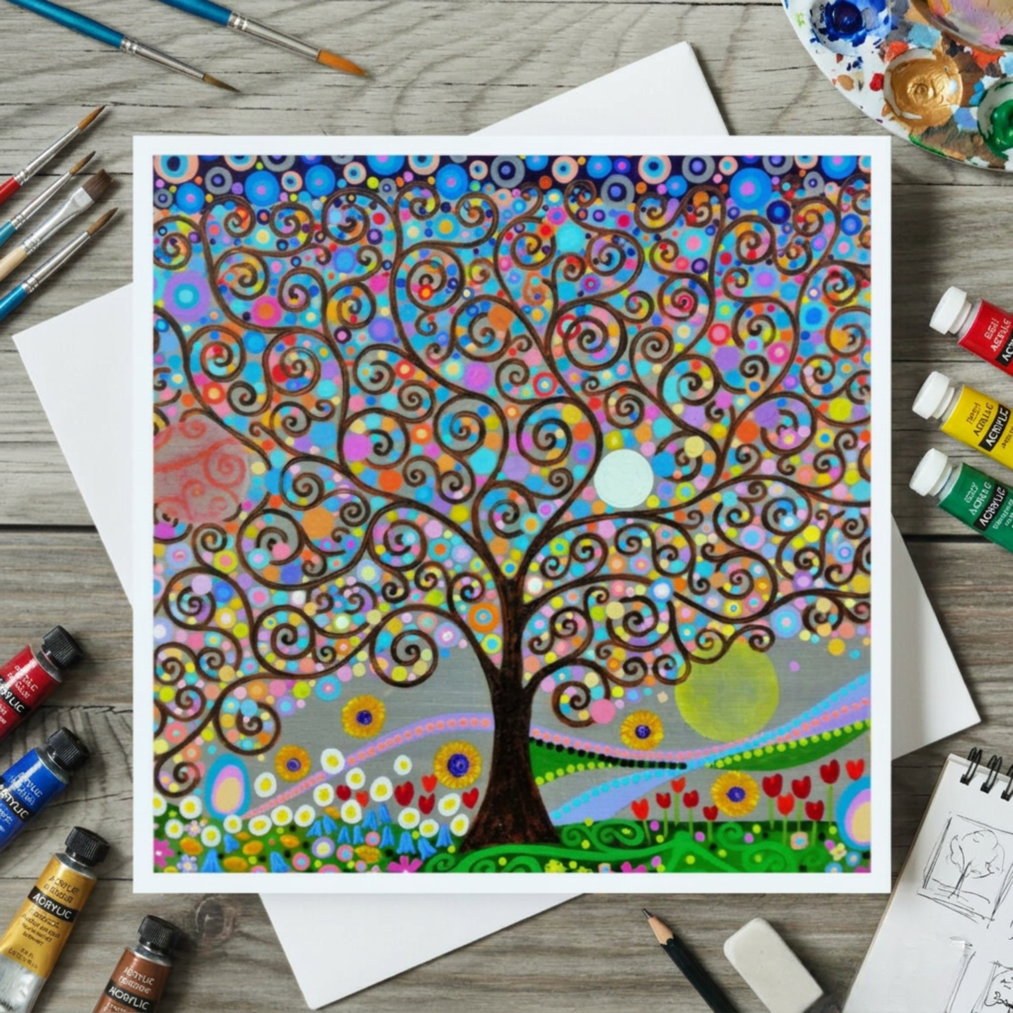 Colourful abstract tree painting on a wooden surface with art supplies.