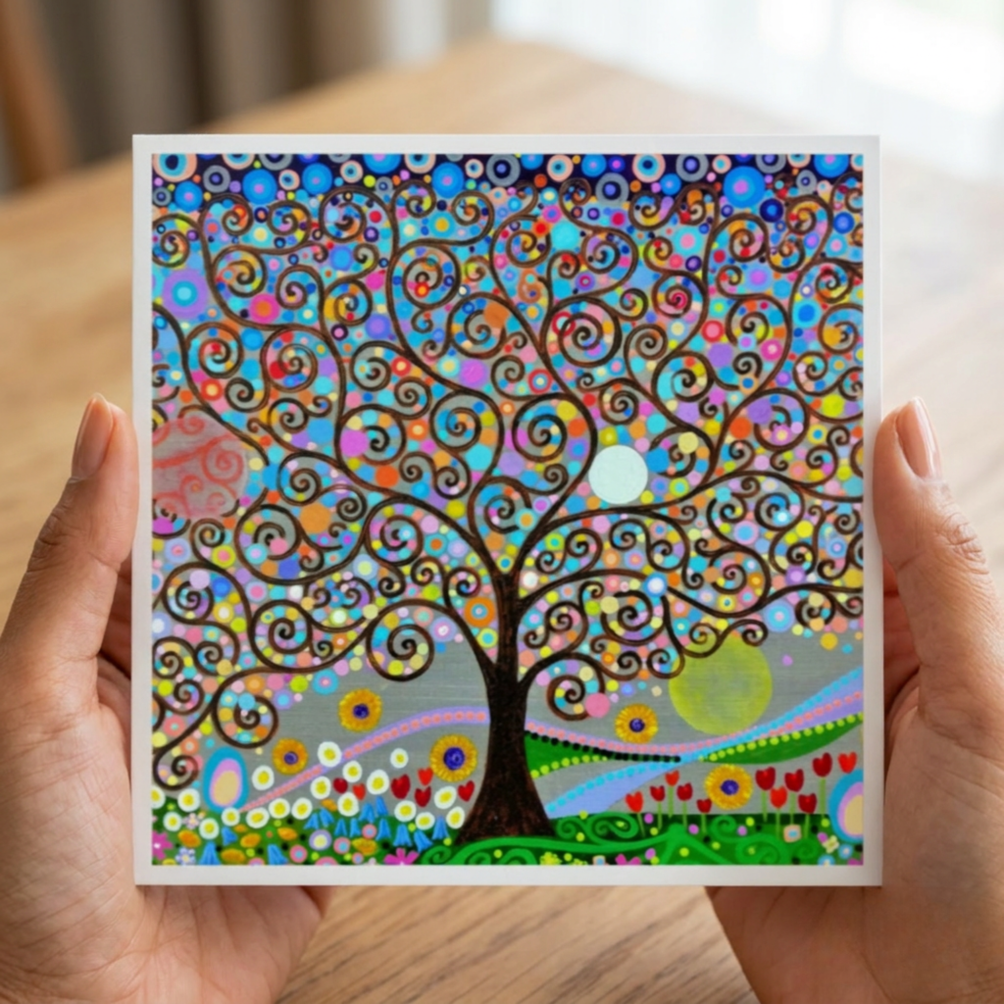 Spotty Spiral Tree Greeting cards in a ladies hands