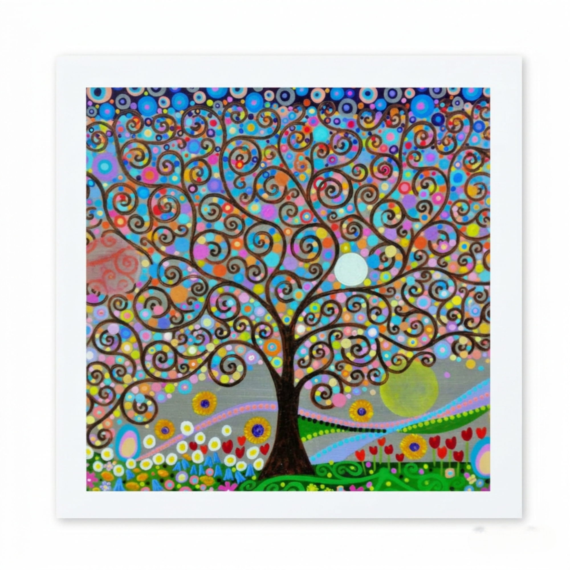 Colourful abstract artwork of a tree with swirling patterns on a white background
