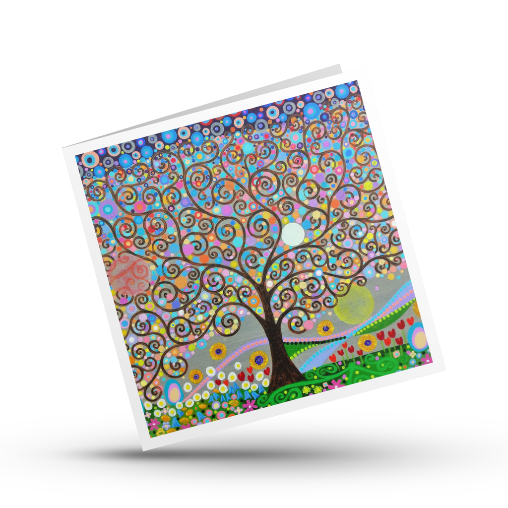 Colourful tree of Life design on a greeting card with a white border.