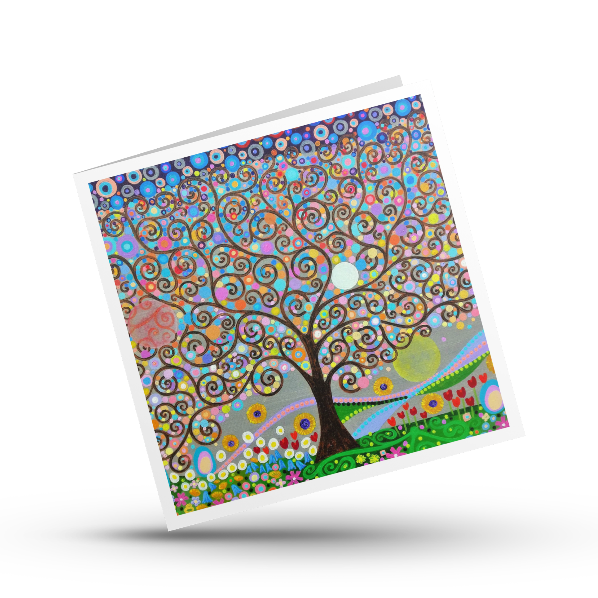Colourful tree of Life design on a greeting card with a white border.