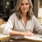 Woman sitting at a table in an outdoor cafe setting wearing a Greek square spiral bracelet