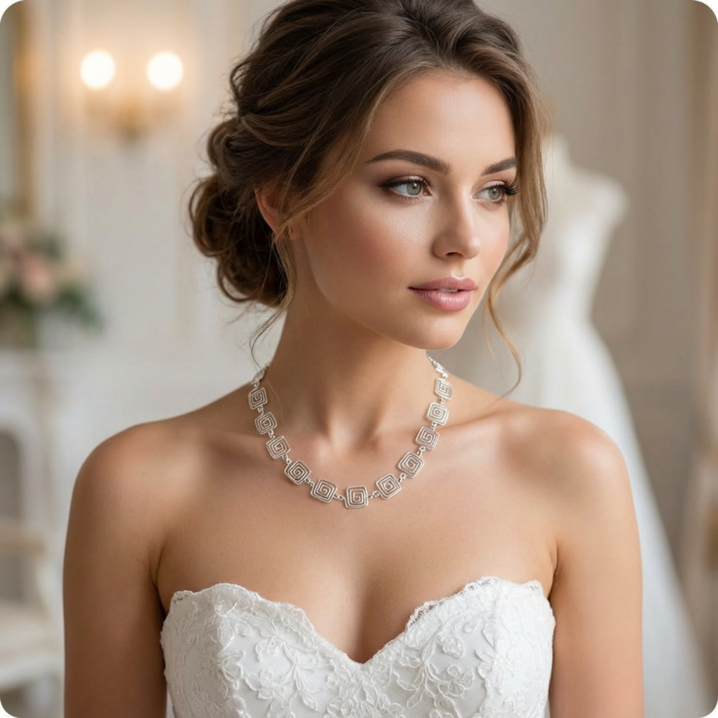 Bride wearing a white wedding dress and a sparkling silver square chain necklace indoors.