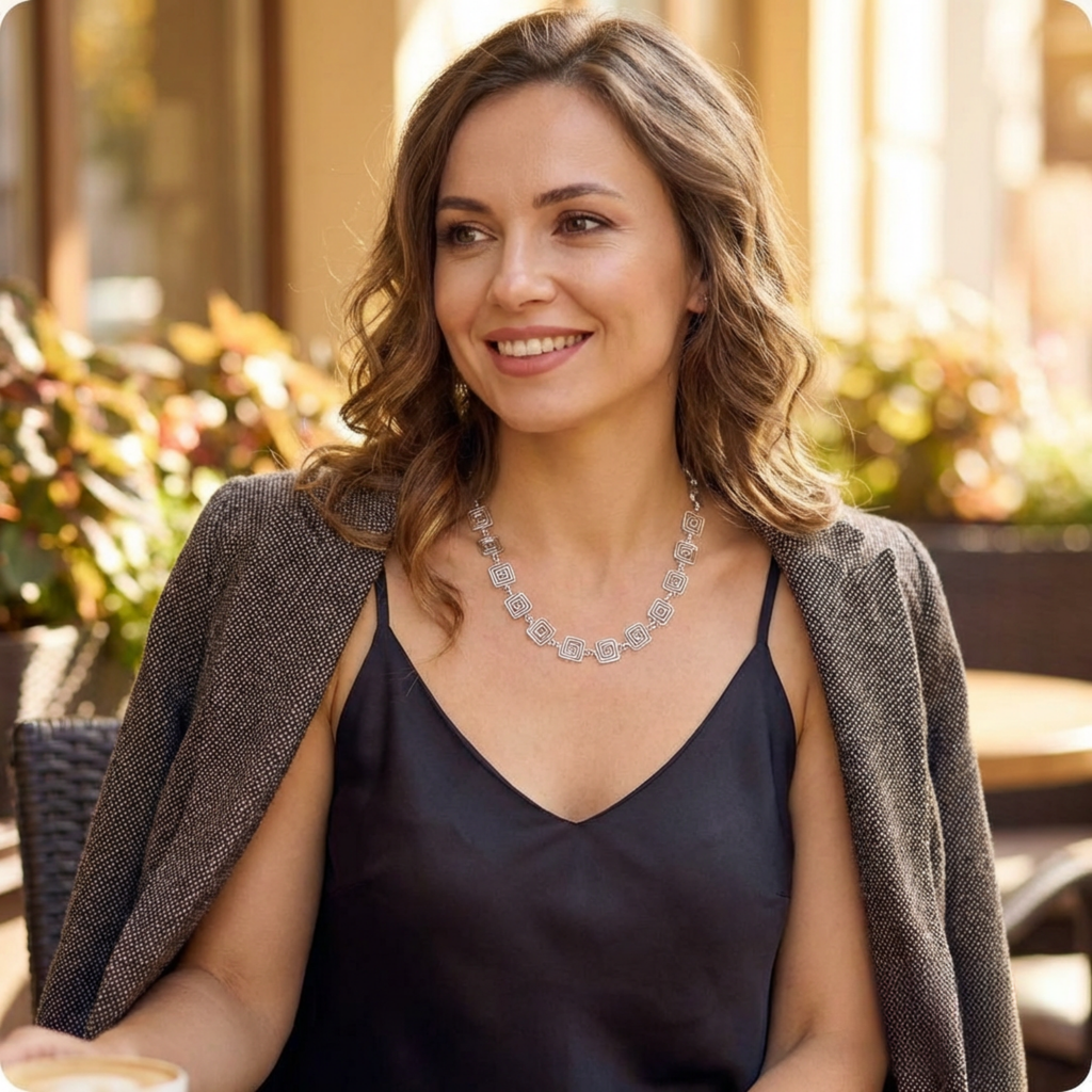 Woman sitting outdoors wearing a dark top and light jacket, a silver square spiral chain necklace, with a blurred background of greenery and sunlight.