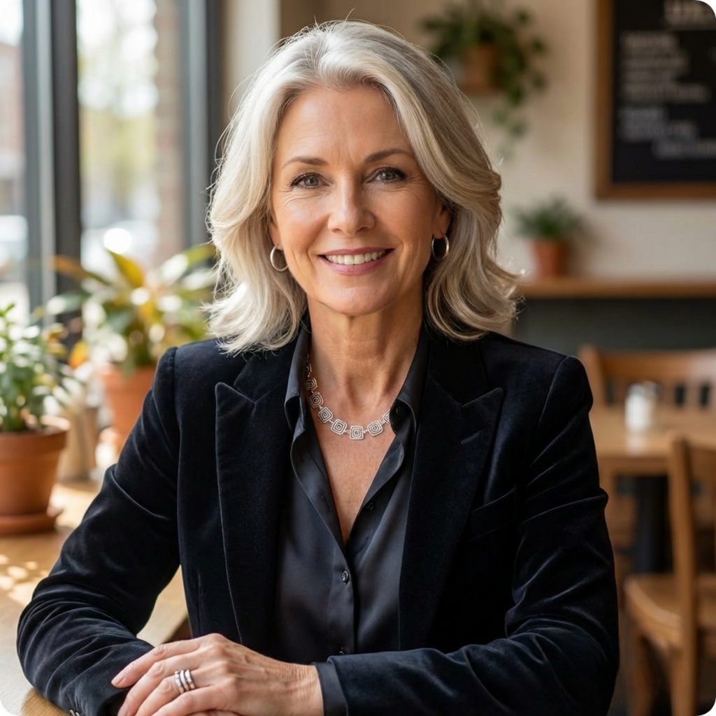 Older woman in a professional setting with plants and furniture in the background wearing a jacket and silver square spiral necklace