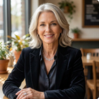 Older woman in a professional setting with plants and furniture in the background wearing a jacket and silver square spiral necklace