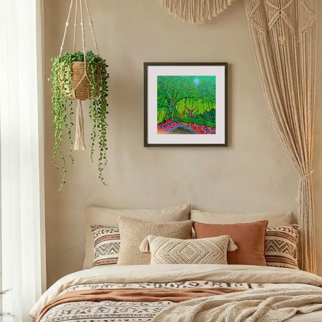 Cozy bedroom with a bed, pillows, and wall art, featuring a hanging plant and macrame decor.