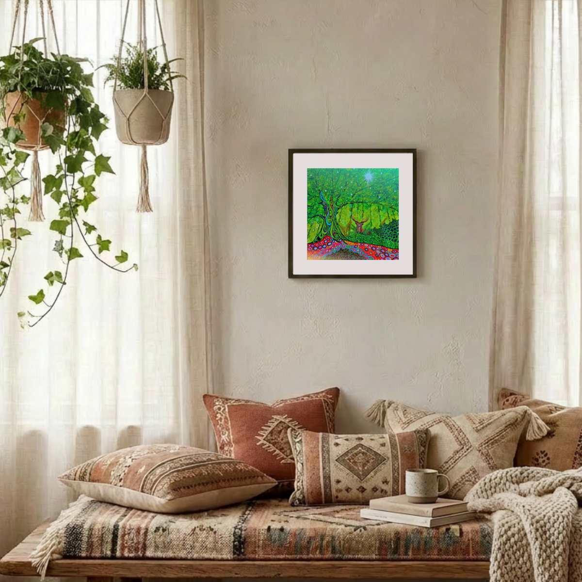 Cozy living room with patterned cushions, a coffee cup, and a framed artwork on the wall.