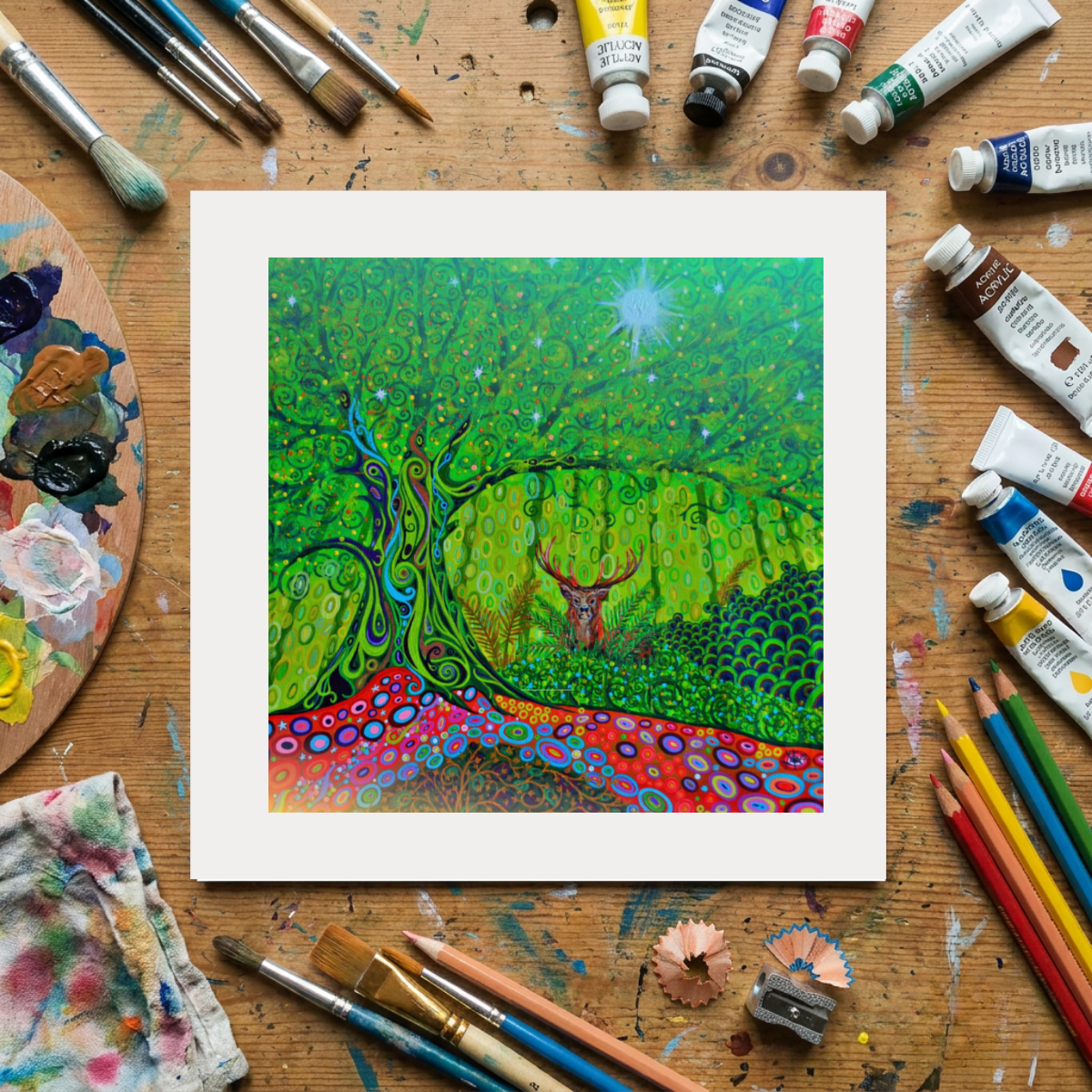 Colourful artwork of a deer in a forest surrounded by painting supplies on a wooden surface.