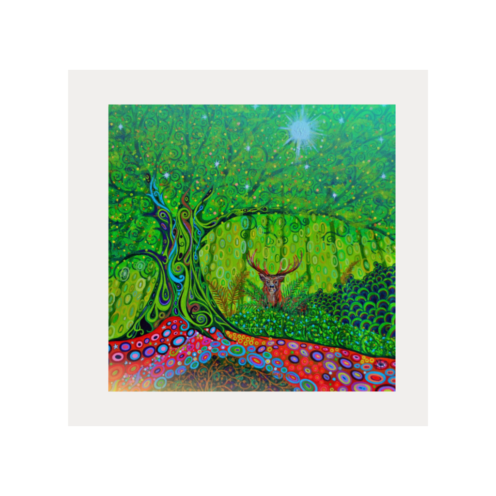 Colourful abstract artwork with deer-like figures in a forest setting, framed in white.