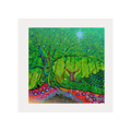 Colourful abstract artwork with deer-like figures in a forest setting, framed in white.