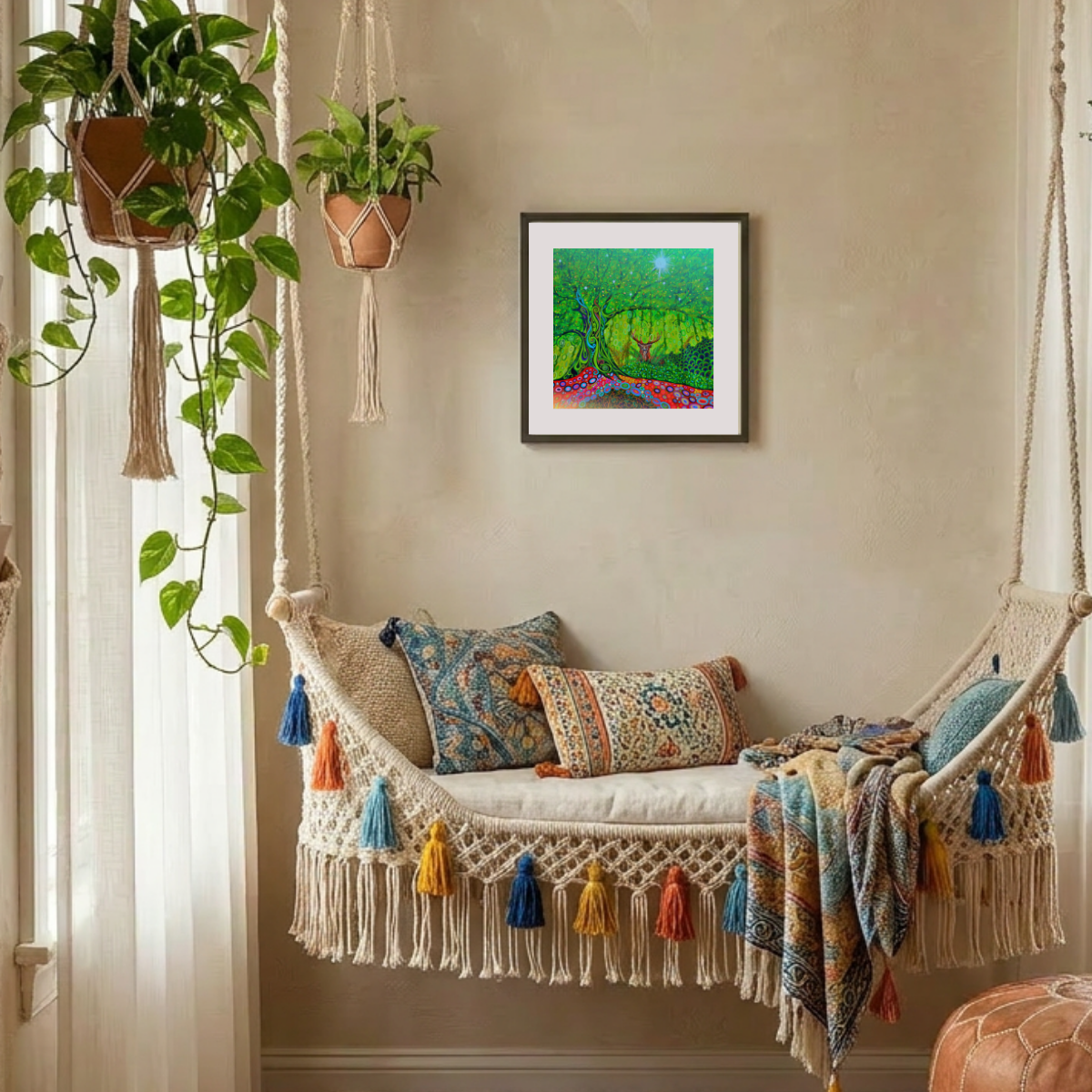 Decorative indoor swing with colourful pillows and a framed painting on the wall.