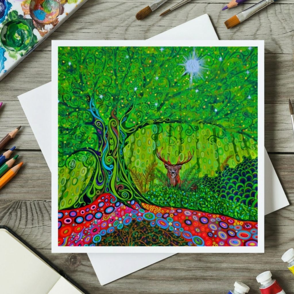 Colourful artwork of a deer in a forest on a wooden surface with art supplies.