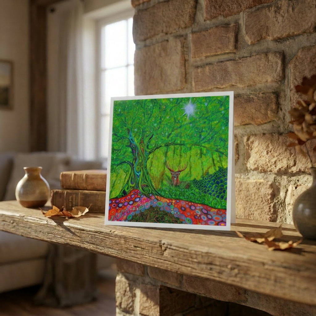 Framed artwork of a colourful landscape with trees and animals on a wooden surface.
