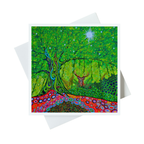 Colourful artwork of a deer in a forest with a white border