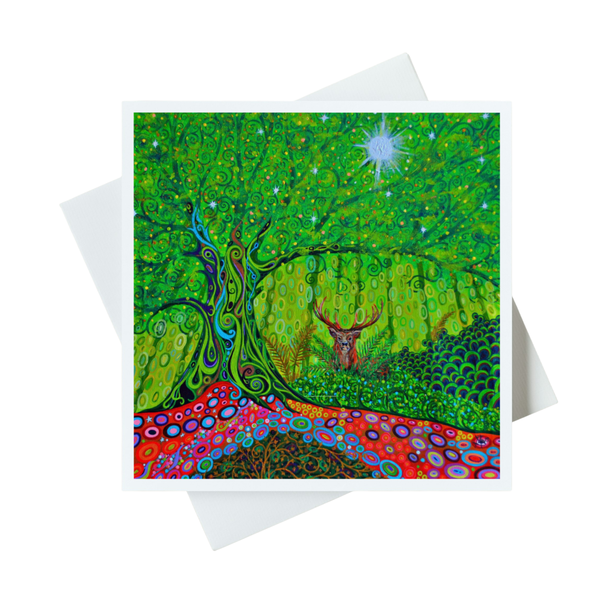 Colourful artwork of a deer in a forest with a white border