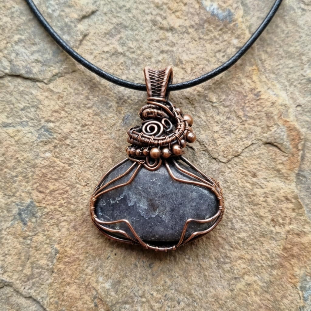 Necklace with a pendant featuring a dark stone and copper wirework on a stone surface