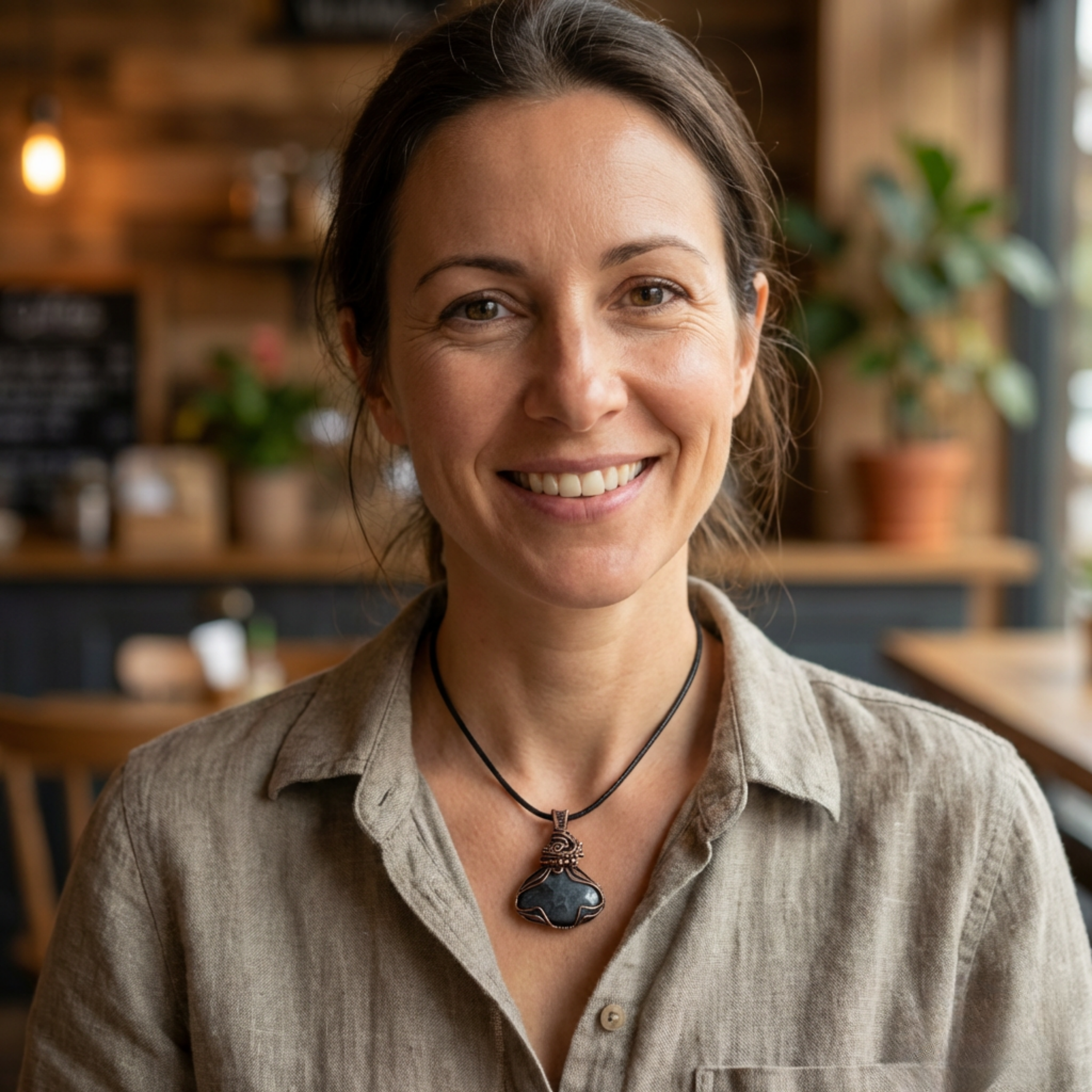 Woman smiling in a cozy indoor setting with wooden furniture and plants.
