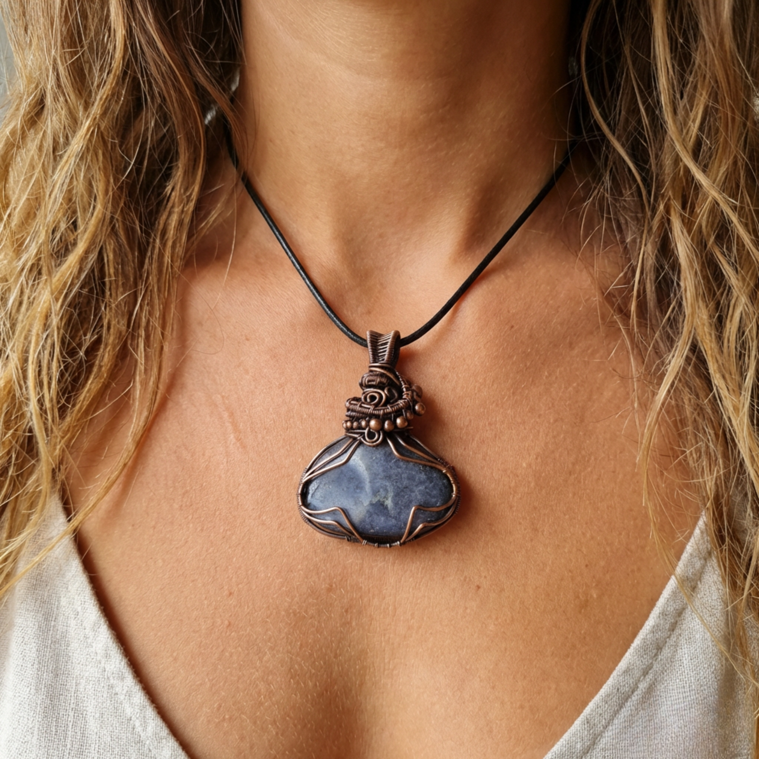 Necklace with a blue pendant worn by a person with blonde hair.