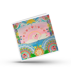 Colourful greeting card with a  pair of swans and mandala design on a white background by Mark Betson Artist