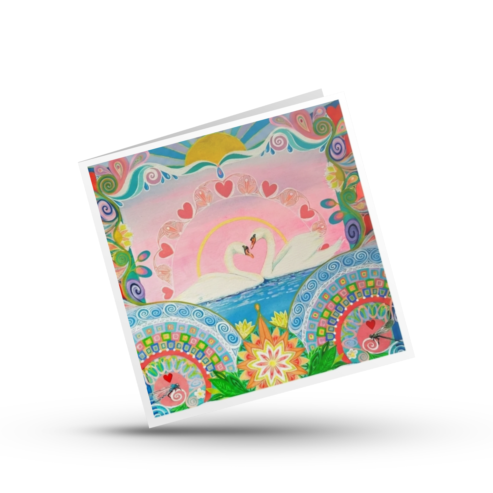 Colourful greeting card with a  pair of swans and mandala design on a white background by Mark Betson Artist