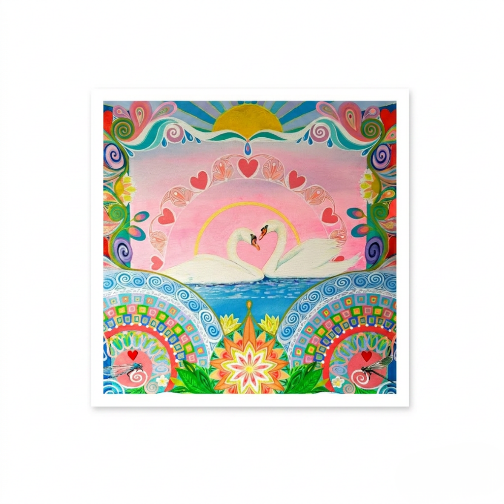Colorful artwork with swans, hearts, and abstract patterns on a white background