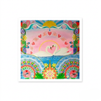 Colorful artwork with swans, hearts, and abstract patterns on a white background