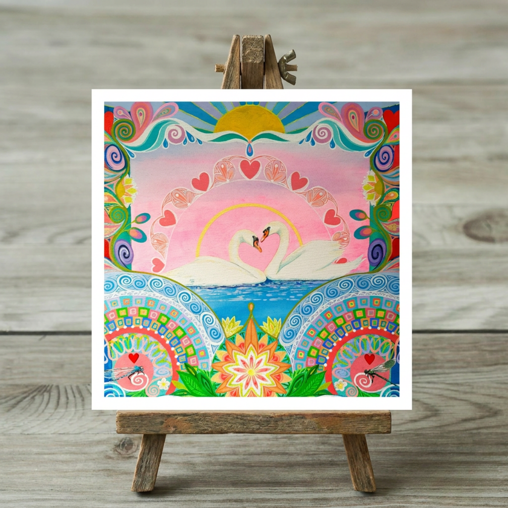 Colourful artwork of swans and decorative elements on a wooden easel.