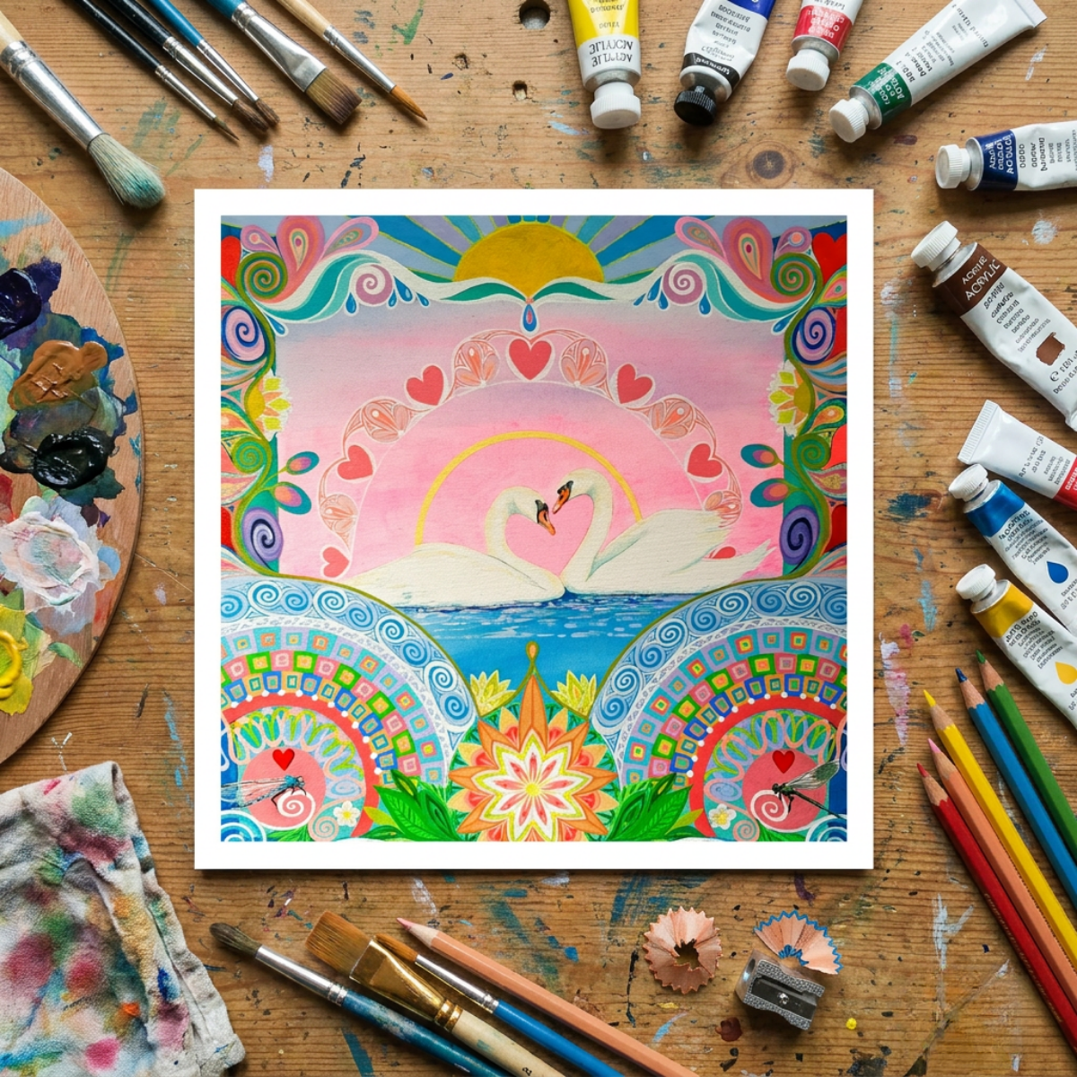 Colourful artwork of swans on a wooden surface with art supplies